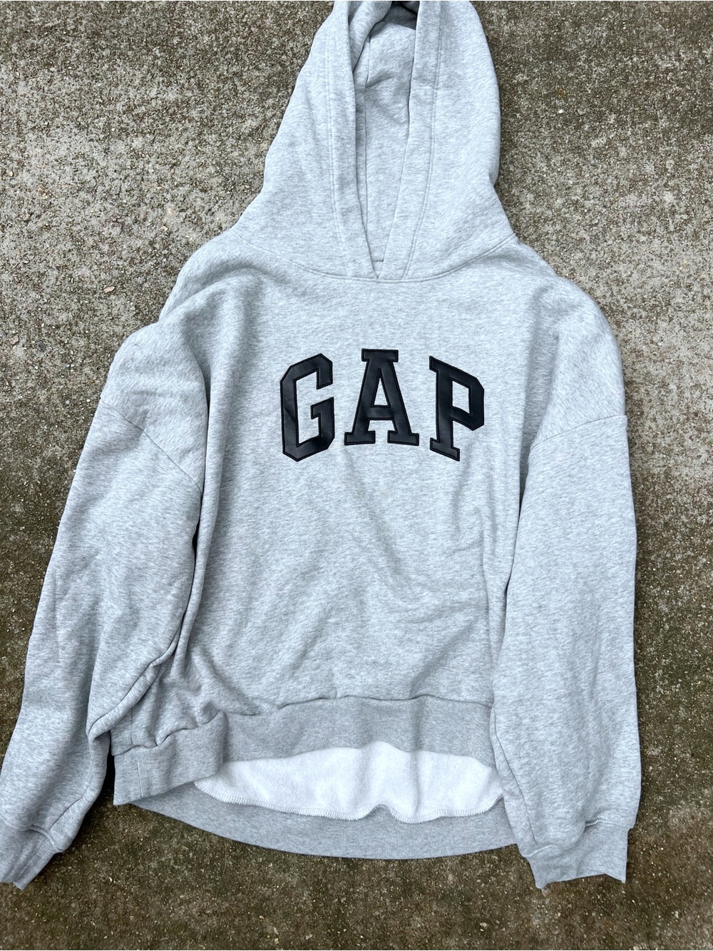GAP Light Heather Gray Fleece Hoodie Black Leather Logo Pullover Sweatshirt L
